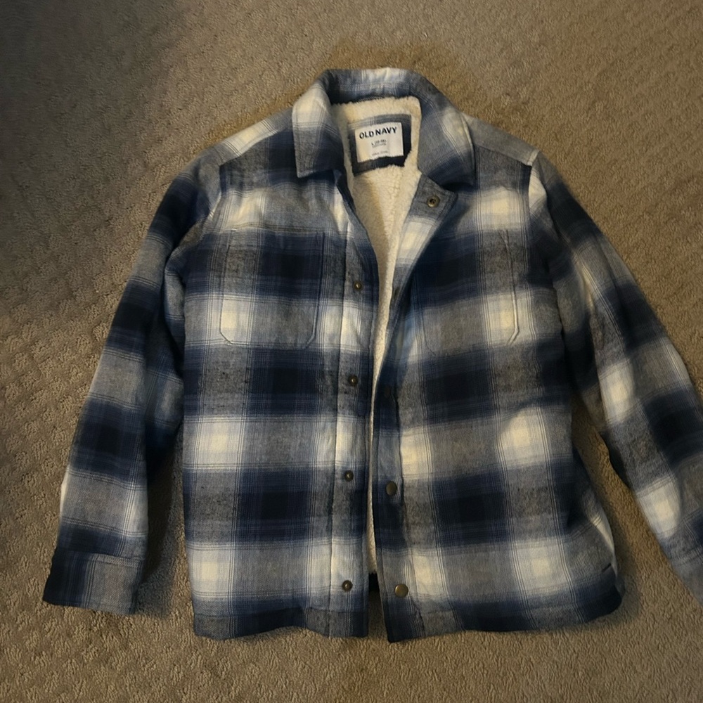 Old Navy kids Blue and White Plaid Sherpa Jacket - large 10/12
